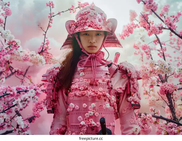 Samurai Girl in Pink Blossoms