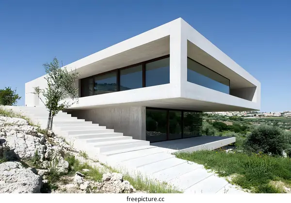 Modern Concrete House with Large Windows and a Hillside Stairway