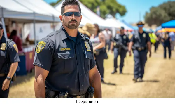 A police officer is standing guard at a crowded outdoor event.