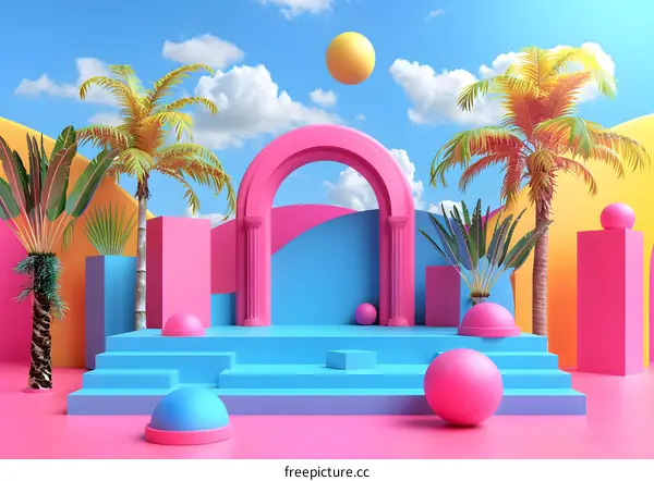 Pink and blue podium with arch and palm trees
