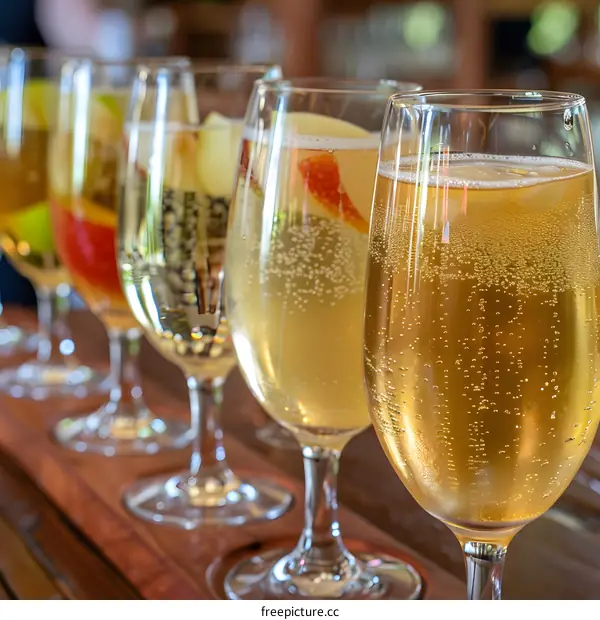 Row of Glasses with Sparkling Cider and Apple Slices