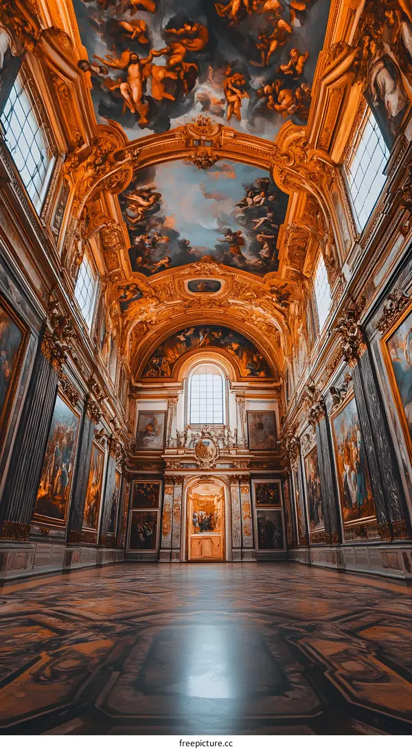 Ornate Ceiling and Paintings Inside a Grand Hall