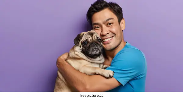 Asian man hugging a pug dog