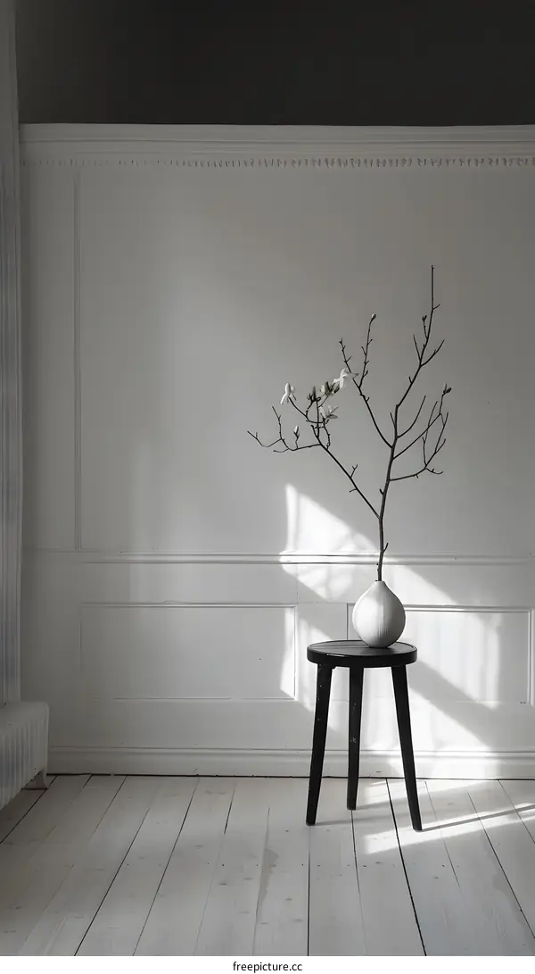 Simple White Room With A Branch Of White Flowers In A White Vase