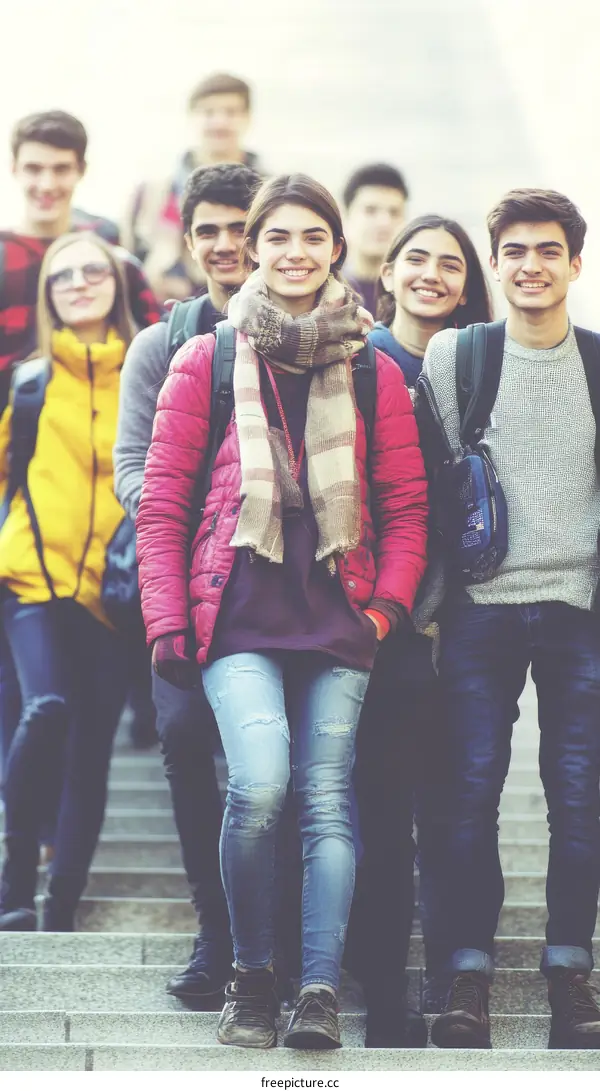 Group of Teenagers Walking Up Stairs in City