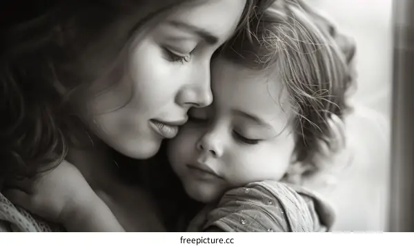 A black-and-white photo of a mother and her child