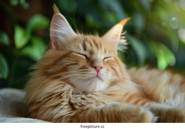 A ginger cat is sleeping in the sun with its eyes closed.