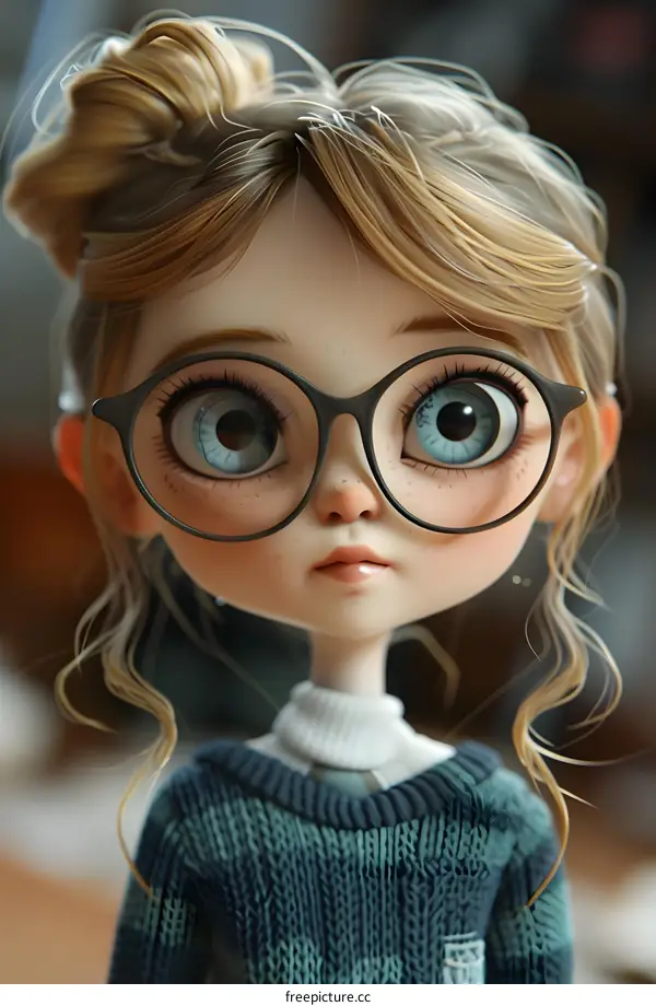 Cute Cartoon Girl With Big Eyes and Glasses