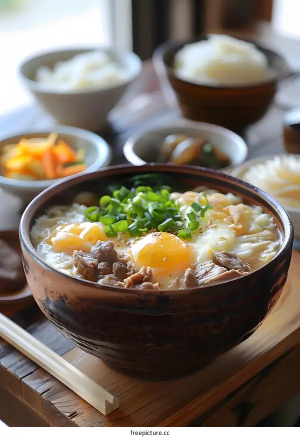 Japanese cuisine with bowl of rice and eggs