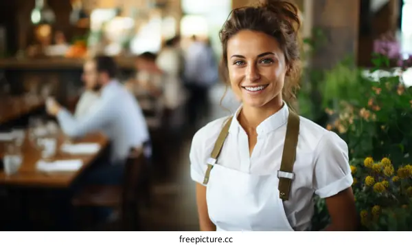 Portrait of a smiling young waitress in a restaurant