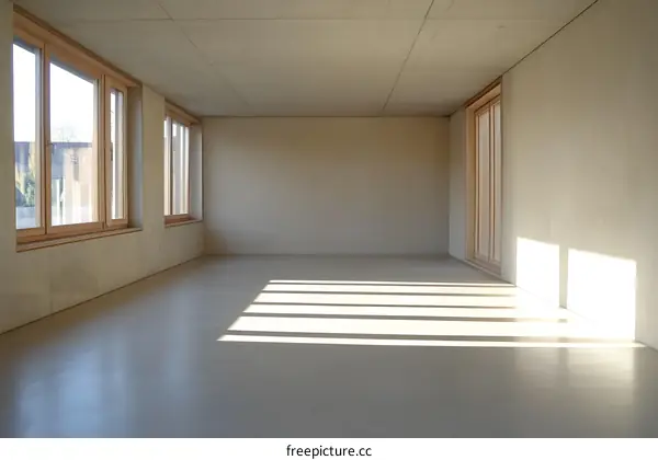 Modern Minimalist Empty Room Interior Design with Sunlight Streaming Through Windows