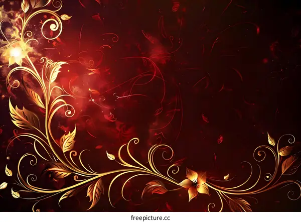 Illustration of golden flowers and vines on a red background