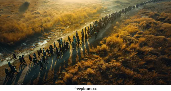 Migrants walking through a desert landscape