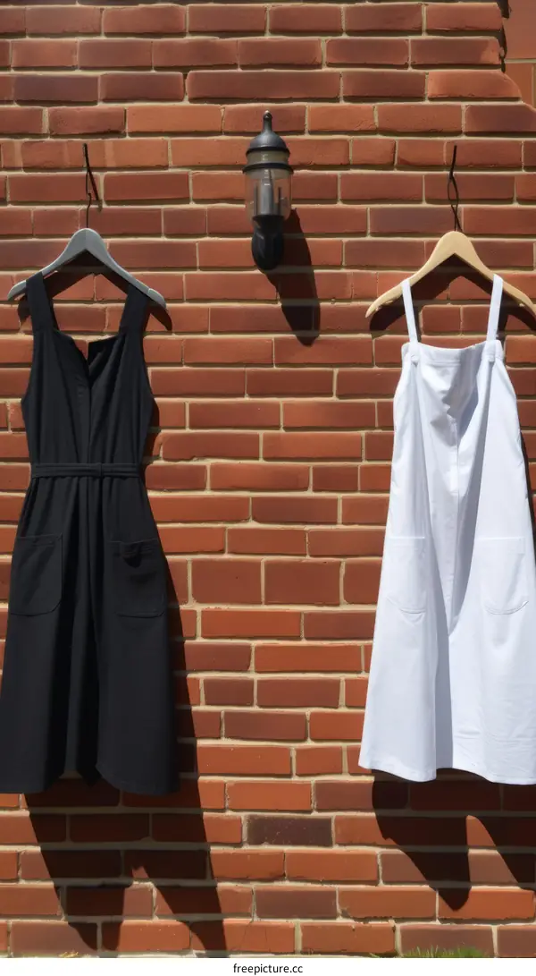 Two simple cotton dresses hanging on a brick wall