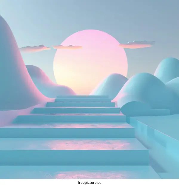 Surreal Landscape with Pink Sun and Staircase