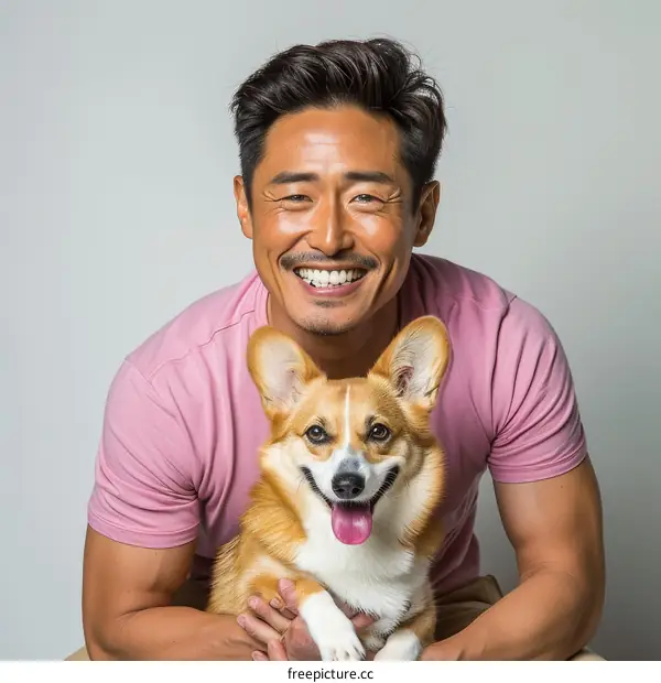 Asian man smiling with a happy corgi dog