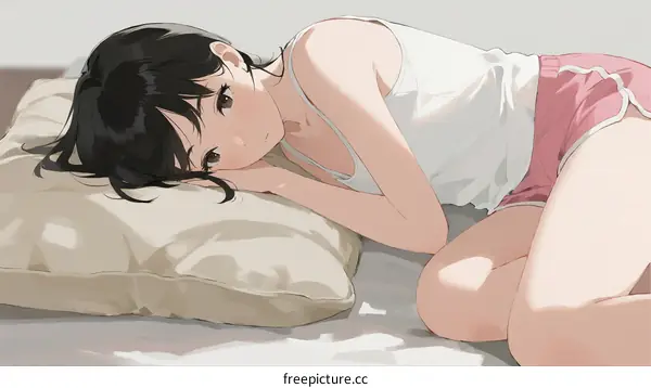 A Young Woman Lying on Pillow with Short Black Hair