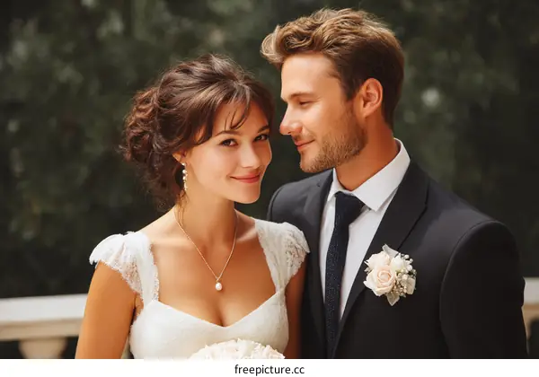 Happy newlyweds in elegant white and black wedding attire