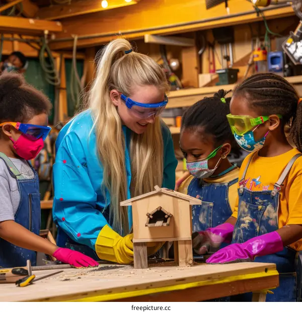 A woman and three girls are working together in a wood shop.