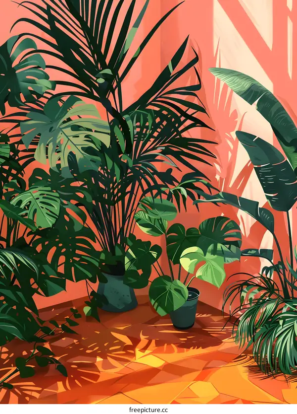 Green Tropical Plants in a Corner of a Room
