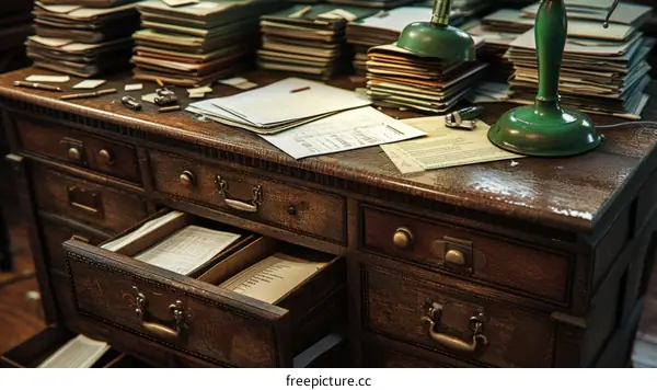 A desk full of paperwork and a green lamp