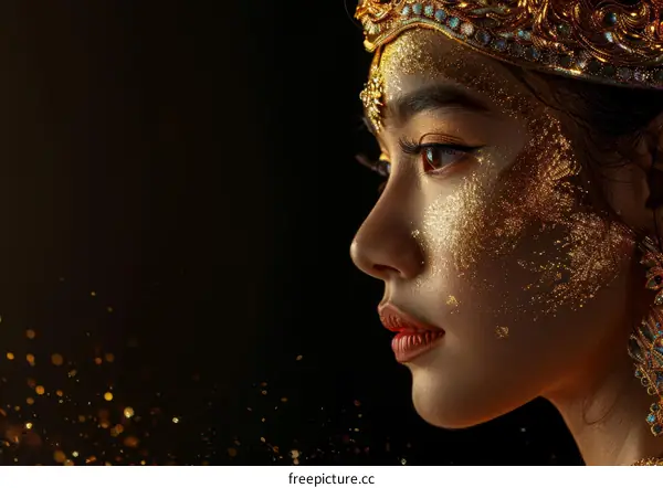 Portrait of a beautiful Asian woman with golden makeup and headpiece