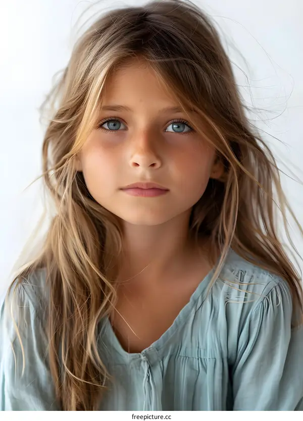 portrait of a blonde girl with blue eyes