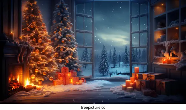 Christmas living room with decorated Christmas tree, presents and candles near the fireplace