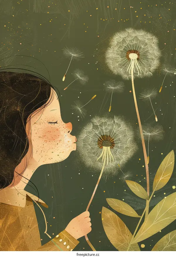 Girl Blowing Dandelion Seeds in Spring