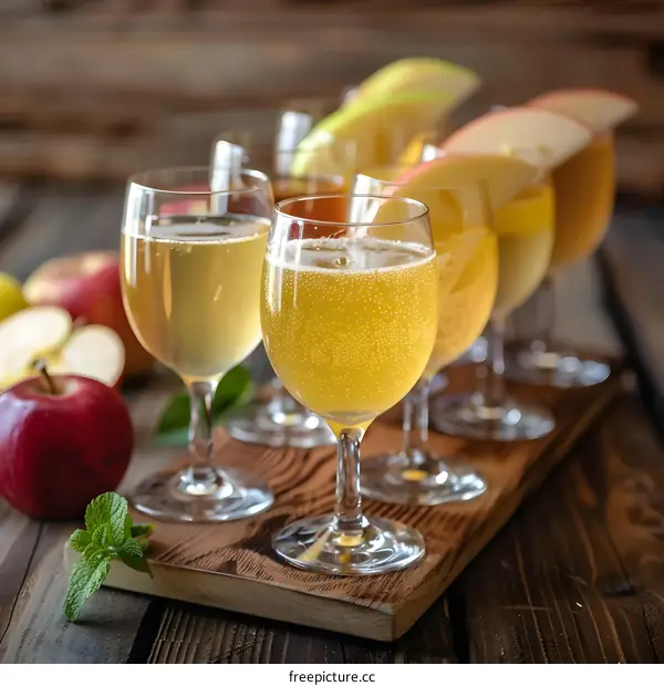 Tasting Flight of Different Flavored Ciders on Wooden Board