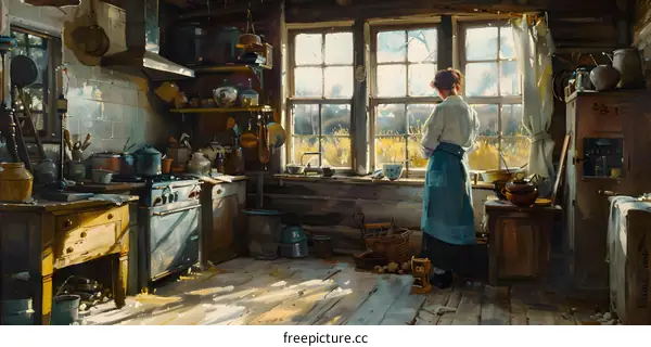 An oil painting of a woman standing in a kitchen looking out the window
