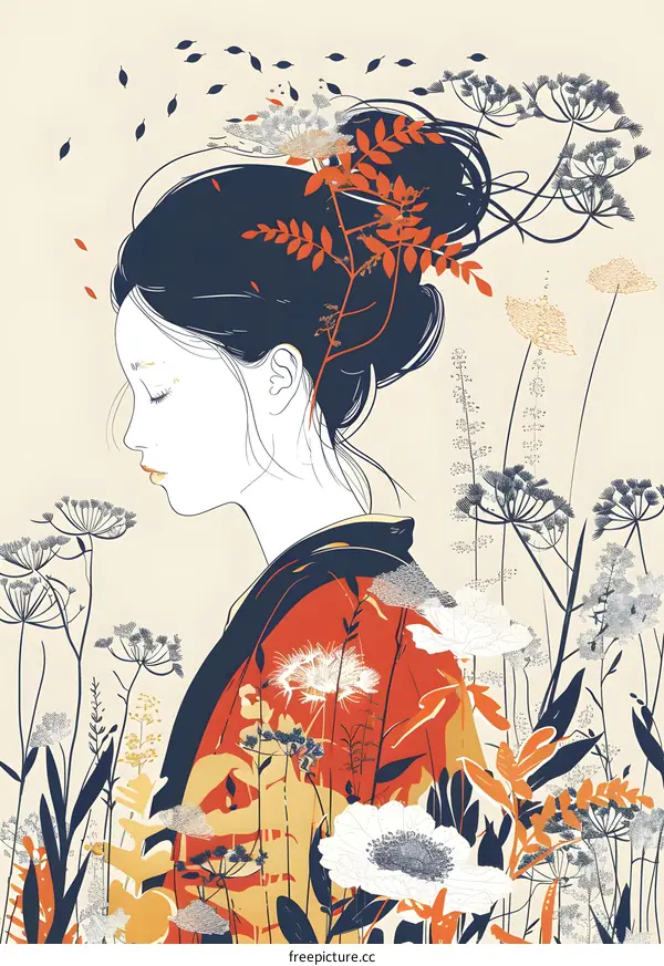 Woman In Traditional Japanese Kimono With Flowers