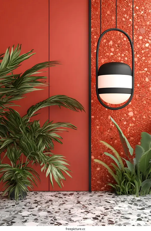 Minimalist Red Interior Design with Hanging Light and Palm Plants