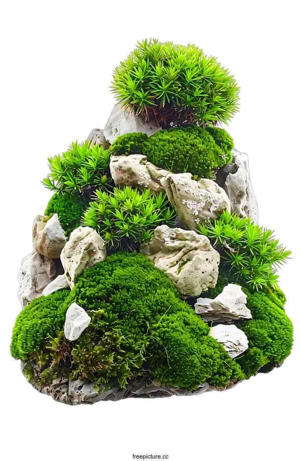 [Transparent Background PNG]Green Moss and Rocks Miniature Garden Landscape