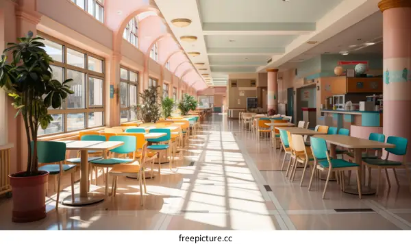 Retro cafeteria with pink and blue pastel colors and large windows