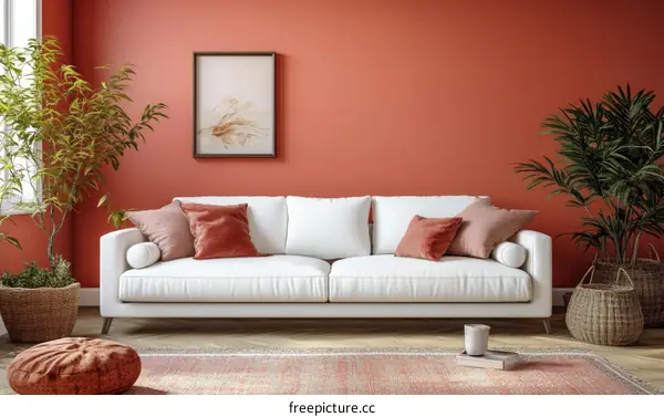 Modern Living Room Interior Design with Coral Walls