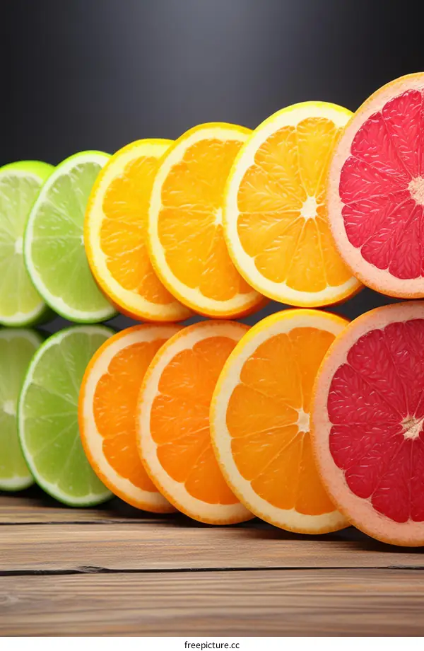 Various citrus fruits including lime, orange and grapefruit
