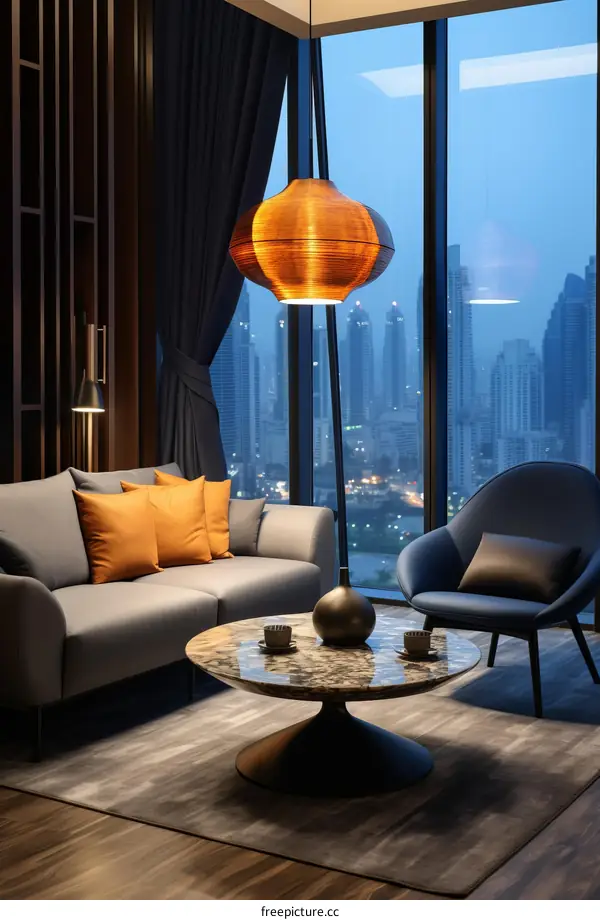 A modern living room with a large window and a city view