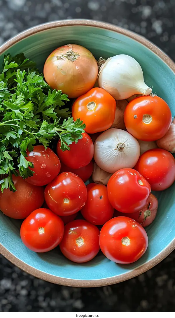 A bowl of tomatoes, onions, and garlic