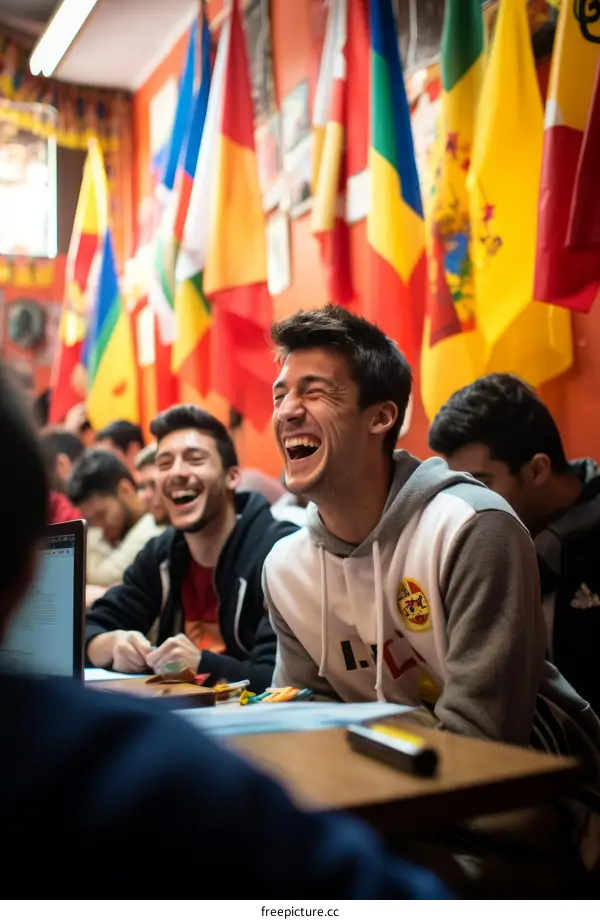 A group of young people are sitting in a room laughing