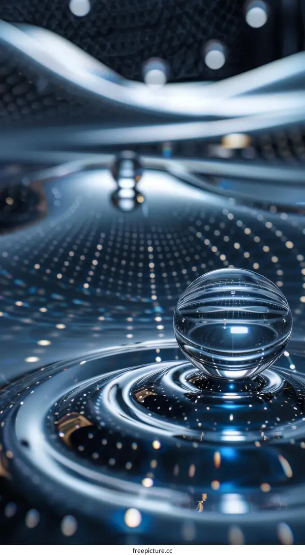 Glass ball on a blue reflective surface with a dotted pattern