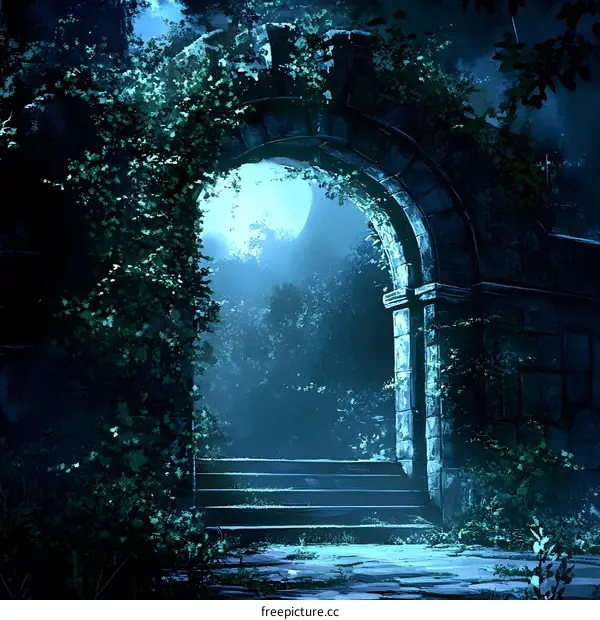 Stone Archway in Moonlight, Entrance to a Secret Garden
