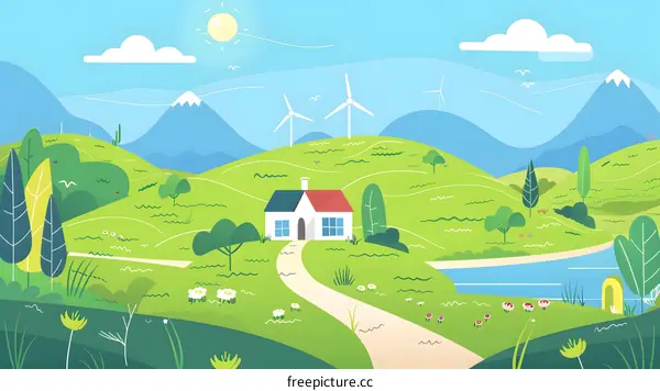 Green hills landscape with a small house and wind turbines