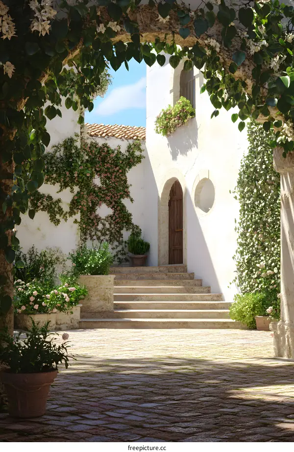 Stone Pathway Leading to White House with Vines and Flowers