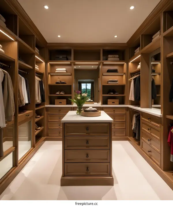 Luxury Walk-in Closet Design with Island Dressing Table