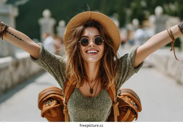 Woman Traveler with Open Arms in Outdoor Setting