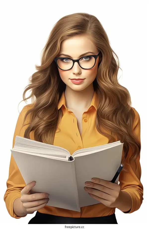 Portrait of a beautiful young woman wearing glasses and holding a book