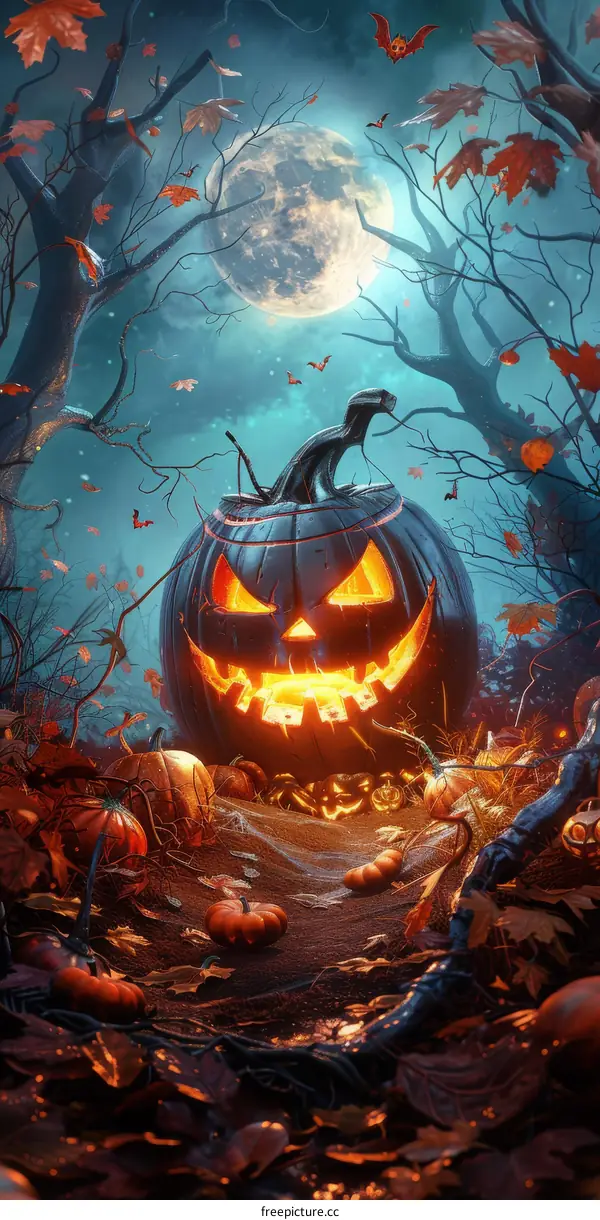 Spooky Halloween Pumpkin in a Dark Forest