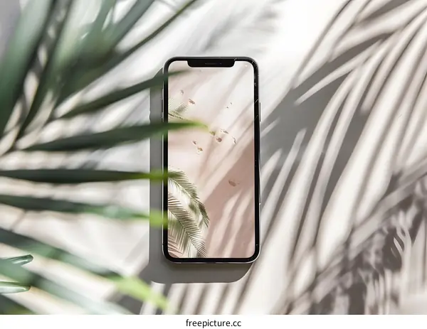 Palm Leaf Shadow on Smartphone Screen