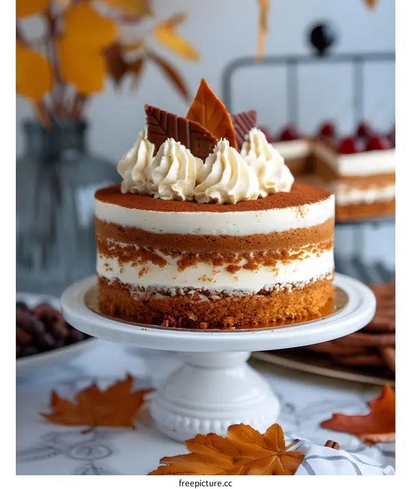 A cake decorated with cream and chocolate leaves sits on a white cake stand.
